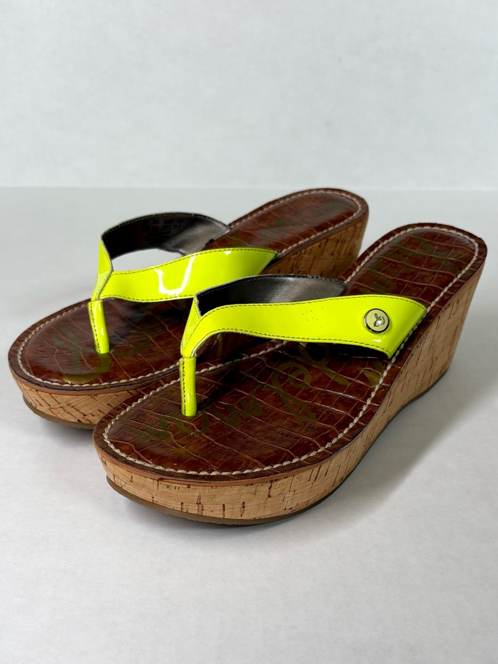 Sam Edelman Romy Croc Print Cork Wedge Thong Sandal US 7.5M Yellow